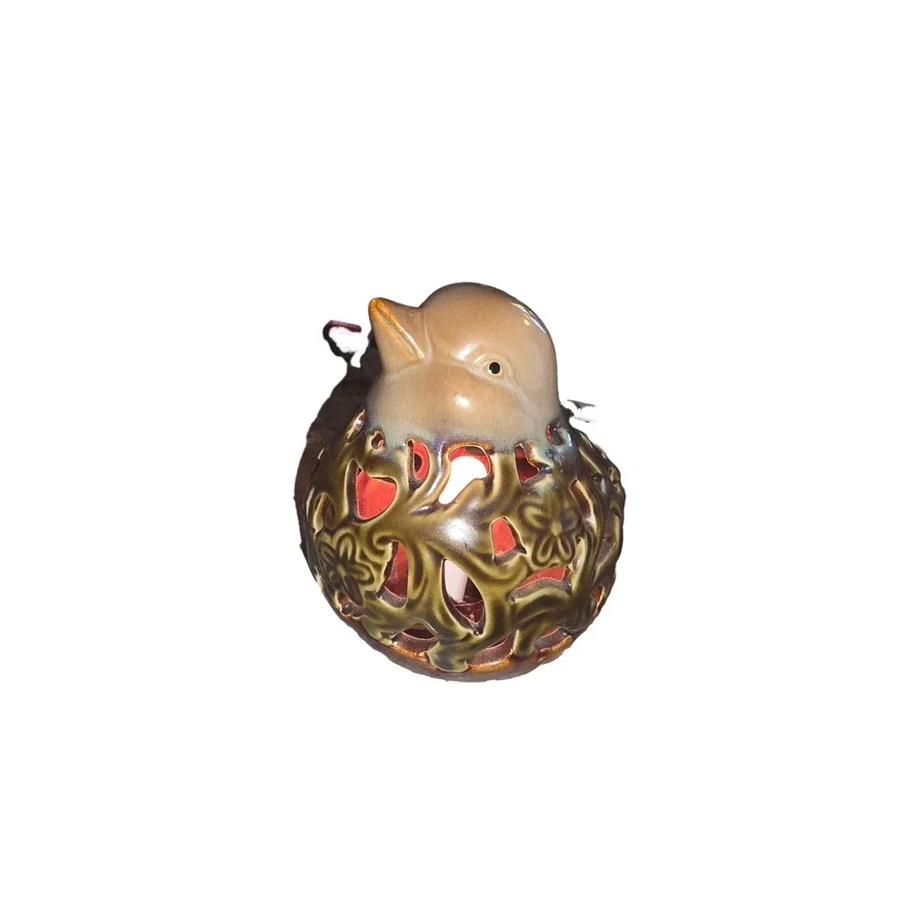 Ceramic Bird Tealight Candle Holder Cutout Glazed Figurine Lantern